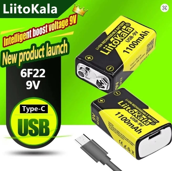 1 Stück LiitoKala 9V 1100mAh Li-Ionen-Akku USB Typ C wiederauflabar ohne kabel