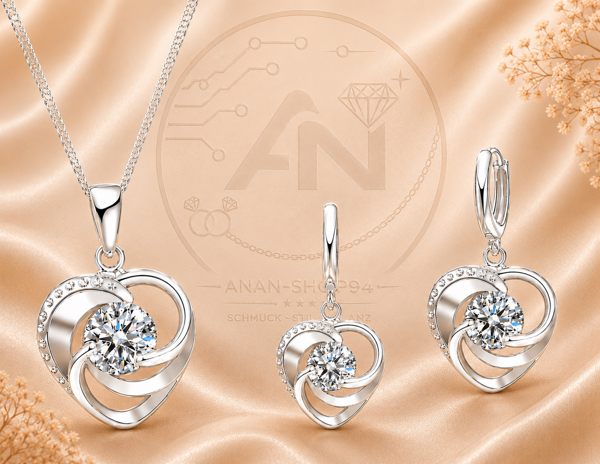 Gestempeltes Halsketten-Ohrring-Set aus 925er-Sterlingsilber Liebesherzform
