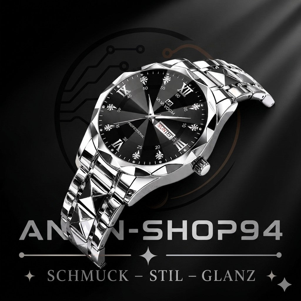Herrenuhr Night Glow Doppelkalender Quarzwerk 41mm Edelstahl Mode Business Uhr